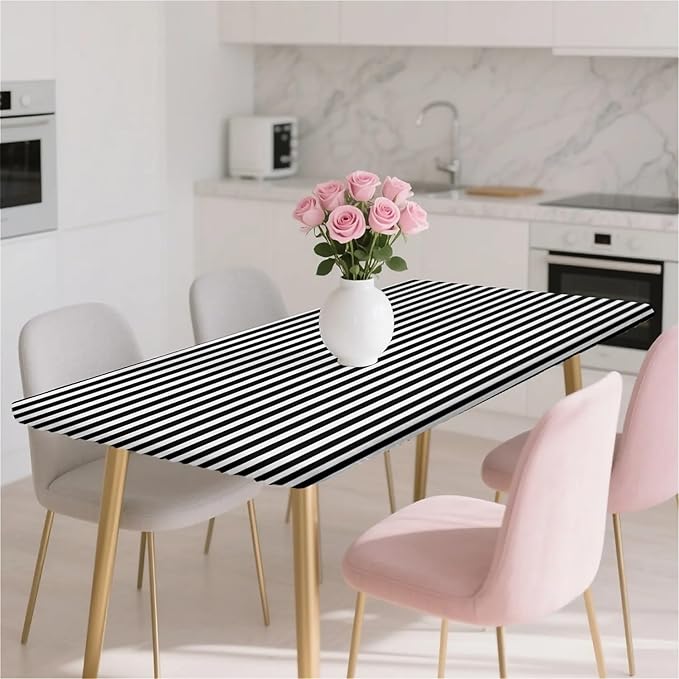 Rectangle Table Cloth Cover Waterproof Elastic Fitted Polyester Fitted Tablecloths for 6 Foot Tables for Indoor,Picnic, Camping, Outdoor （60" x 30"，Stripe）
