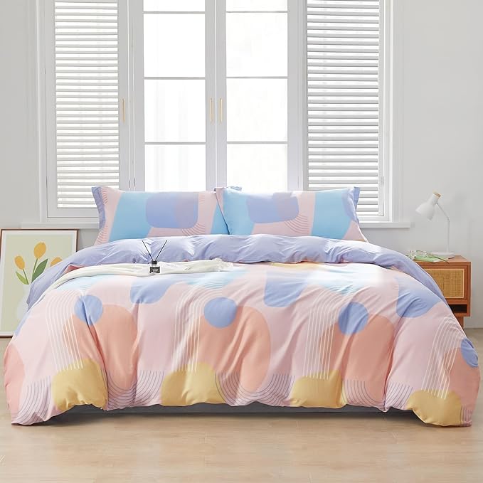 SAPHREAS Orange Blue Geometric Blocks Duvet Cover Set Queen Size 3pcs 100% Cotton Colorful Bubble Bedding Comforter Cover Set 1 Duvet Cover 2 Pillow Shams