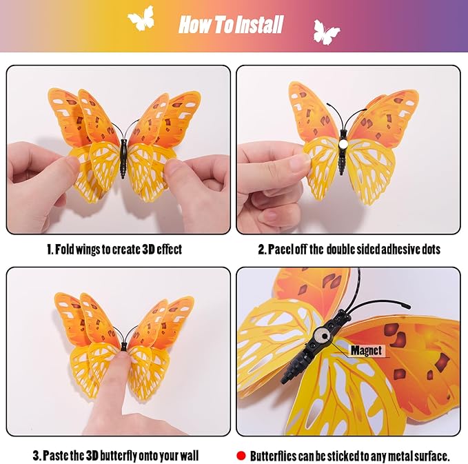 SAOROPEB 3D Butterfly Wall Decor, 48 Pcs Double Layer Butterfly Decorations for Party Decorations Locker Decor Refrigerator Decal, Reusable (Colorful)