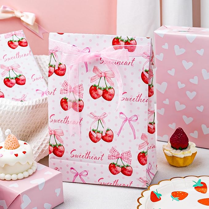 Homeral Pink Strawberry Birthday Wrapping Paper Roll - 17In x 16.5Ft Reversible Gift Wrap, Strawberry and Bow Pattern Art Paper for Girls Baby Shower, Birthday, Wedding, Valentine’s Day, DIY Crafts