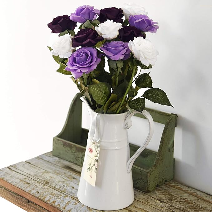 FiveSeasonStuff 12 Stems Artificial Flowers Real Touch Silk Roses for Wedding Decoration Bridal Bouquets Table Centerpieces Party Shower, Packed in Box (Luxe Purple & White)