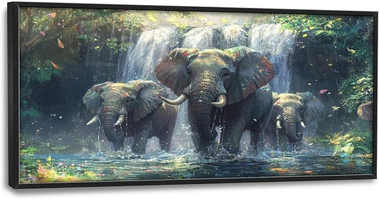 Large Elephant Wall Art for Living Room, Framed Oversized Forest Waterfall Wall Decor, Nature Landscape Canvas Painting Wildlife Artwork for Living Room Dining Room Bathroom Bedroom Office 60"x30"