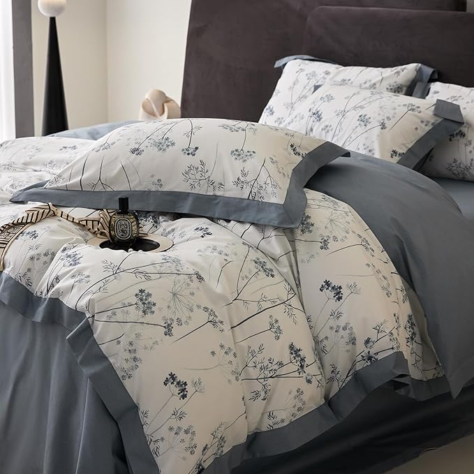 HighBuy Aesthetic Blue Floral Duvet Twin XL Girl Cozy Cotton Comforter Cover with Zipper Closure,Vintage Flowers Botanical Bedding Set Twin XL Luxury Cottagecore Duvet Cover Set for Kids Bed