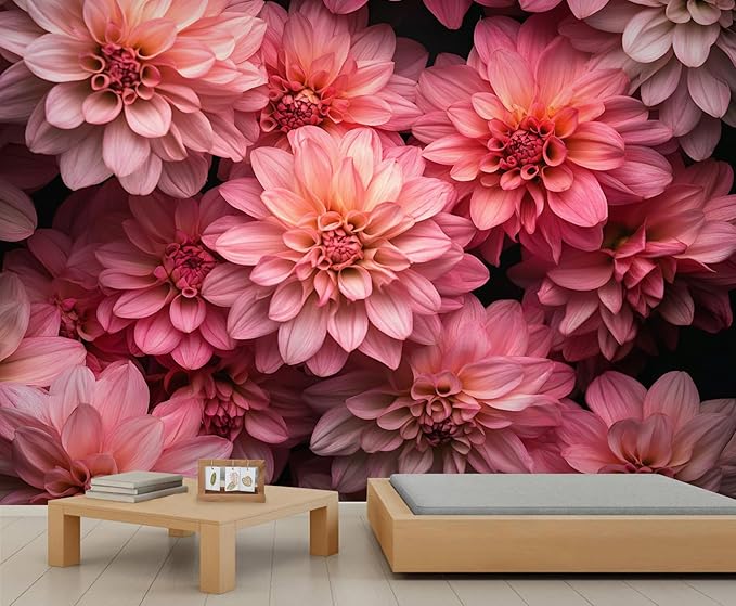 Pink Dahlia Floral Wall Mural, Blush Pink Dahlia 3D Wall Murals, Romantic Floral Wallpaper Mural, for Living Room Bedroom Large Wallpaper Indoor Decor 59" W x39.4 H