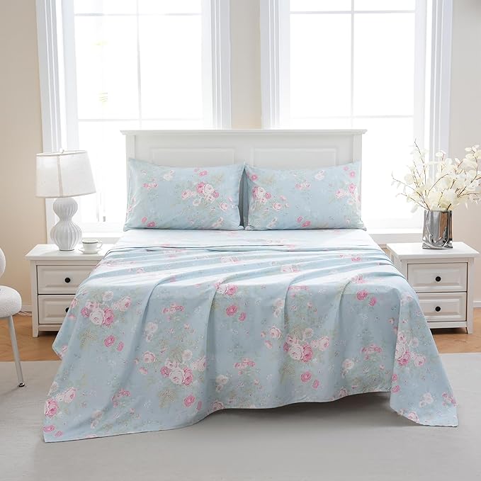 Zusbest Blue Floral Sheets Set Queen Size 100% Cotton Pink Flowers Bed Sheet Shabby Vintage Chic Bedding Romantic Pastoral Style Original Design Soft Luxury Deep Pocket Fitted Sheet 17.5'', 4 Pcs