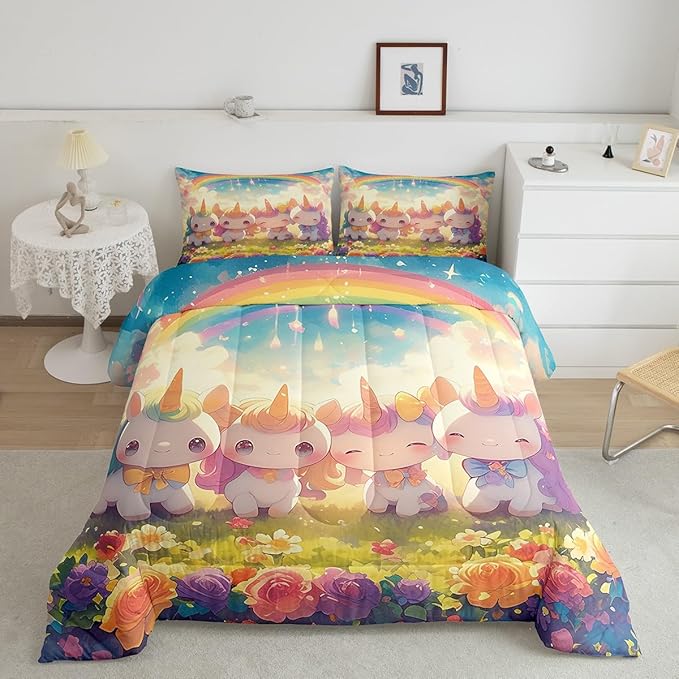 Unicorn Comforter Set Queen Size,Reversible Cute Unicorn Rainbow Cartoon Horse Animal Bedding Set for Women Adult,Kawaii Style Flowers Galaxy Cloud Luxury Bed Duvet Insert, 2 Pillowcases