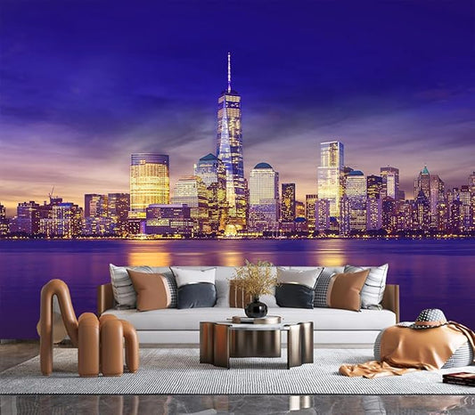 Eierme-New York City Skyline lit up at Night time Reflecting Off of The Hudson River 90" x 67"