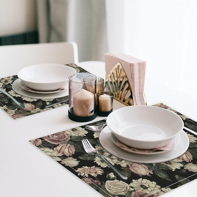 Floral Placemats Set of 6, 17x12 Inch Vintage White Pink Rose Flower Spring Plant Boho Art Print Table Mats for Home Party Kitchen Dining Decor