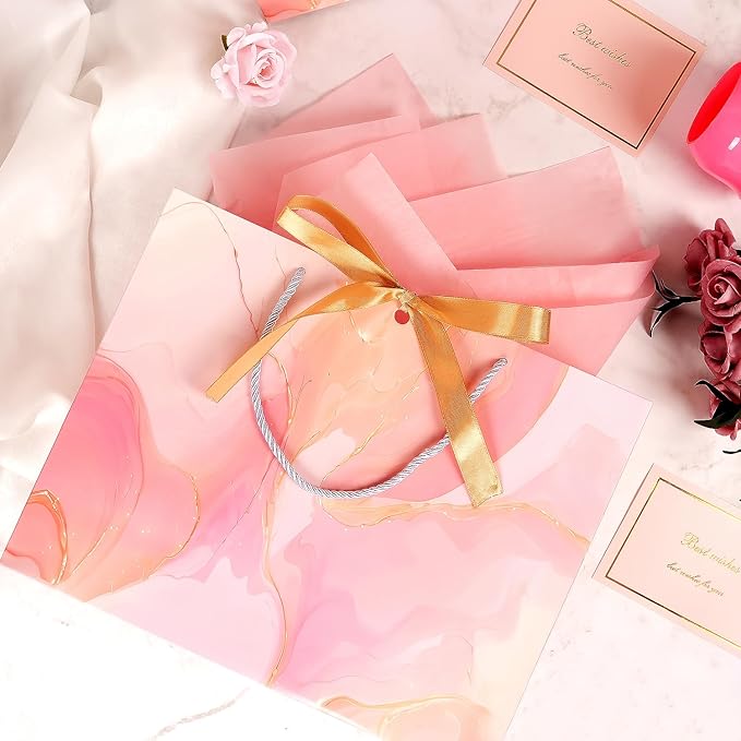 MAMUNU Pink Gift Bags, 2PCS 13” Large Gift Bags with Tissue Paper and Greeting Cards, Gift Bag with Handles Bow for Women Girls, Pink Gift Bags for Birthday Wedding Bridal Baby Shower Anniversaries