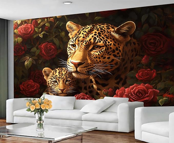 Jungle Rose Leopard Wall Mural, Big Cat Floral 3D Wall Murals, Wild Animal Leopard Wallpaper Mural, for Living Room Bedroom Large Wallpaper Indoor Decor 137.8" W x100 H