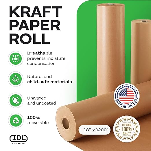 IDL Packaging Large Brown Kraft Paper Roll 18" x 1200 feet (14400 inches) - Natural Wrapping Paper for Packing - Perfect Paper for Void Filling - Paper for Kids Art Projects