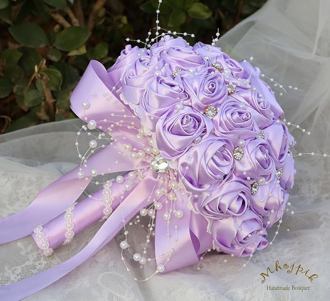 Bridal Wedding Bouquet Round Bling Brooch Bouquet Throw Toss Artificial Rose Flower Bunch for Bride Bridesmaid Wedding Quinceanera(Light Purple, 8.7")