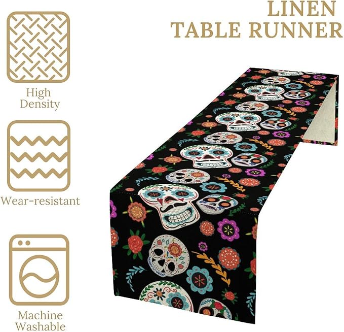 Gothic Skull Table Runner,Vintage Style Colourful Table Runner for Home Kitchen Table Dining Garden Farmhouse Wedding Party Decor 13x36 Inch