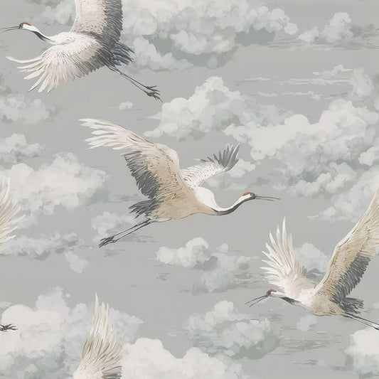 Peel and Stick Vintage Chinoiserie Animal Wallpaper Removable Grey Crane 17.7" x 236.22" Wall Paper Watercolor Self Adhesive Contact Paper for Classroom Bedroom Laundry Room Bathroom