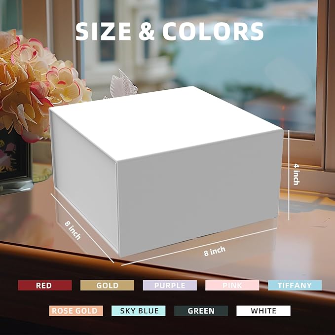 Gift Box 8x8x4 Inch with Magnetic Closure Lid White Gift Boxes For Presents,Bridesmaid Gifts Box,Birthday Gift box,Luxury for Gift Packaging, Magnetic Gift Box for Wrapping Gifts(White)