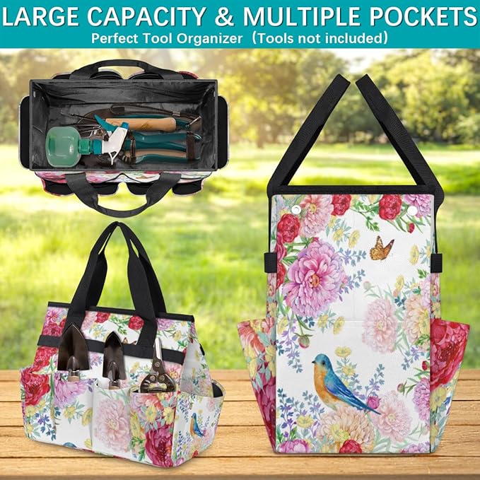 Garden Tool Tote Bag for Women Men Flower Bird Butterfly Gardening Tool Storage Bags with 10 Pockets Standable Garden Home Tool Kits Organizer for Indoor Outdoor Gardening Gifts
