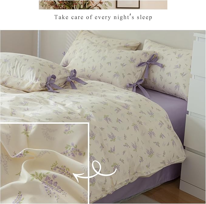 Lilac Floral Comforter Set Full Size Purple Flower Comforter with 2 Bow Ties Pillowcases Cute Floral Bedding Set Vintage Botanical Comforter Set for Girls Women Soft Fluffy Bed Set for All Season