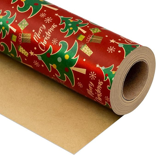 Yarcony Red Christmas Wrapping Paper, Thick Kraft Wrapping Paper, Vintage Traditional Red and Green Christmas Tree Pattern Brown Holiday Gift Wrap for Present Packaging (Mini Roll, 17 Inch X 33 Feet)