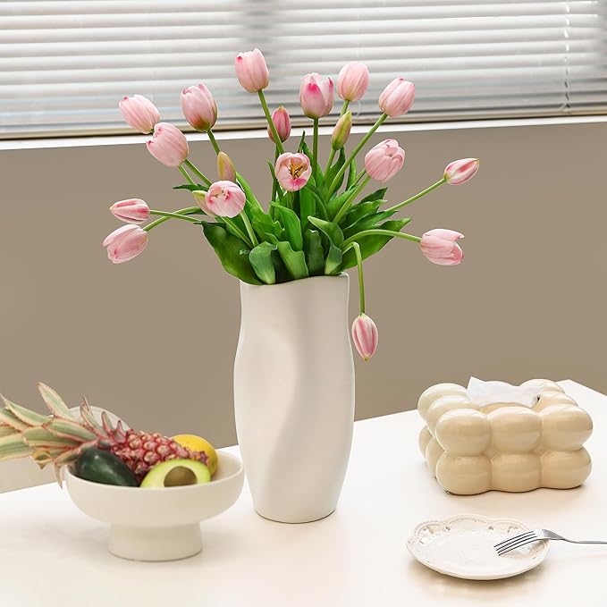 Artificial Flowers 20pcs Fake Tulips Real Touch, Faux Latex Tulips Flowers with Gift Box Soft Faux Tulips Bouquets Arrangements for Party Wedding Home Room Decoration(Pink)