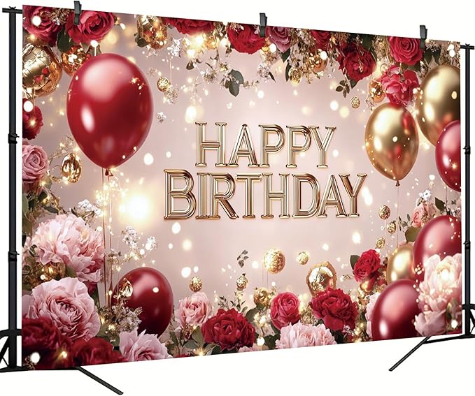 Red and Gold Happy Birthday Backdrop Banner Elegant Roses Balloons Photography Background Birthday Party Decorations Photo Booth Props Supplies 71x43 Inch