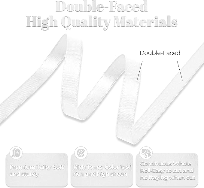 White Satin Ribbon, Double Faced 3/8 Inch X 25 Yards White Ribbon, Premium Satin Ribbon for Gift Wrapping, Crafts, Hair Bow Making, Sewing, Flower Bouquet, Wedding Party Decor