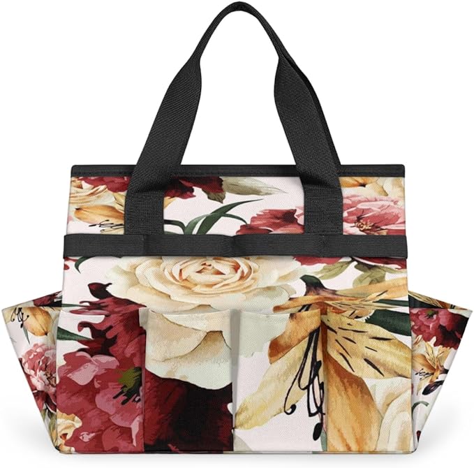 Floral Flower Pattern Garden Tool Tote Bag for Women Men Gardening Tool Storage Bags with 10 Pockets Standable Garden Home Tool Kits Organizer for Indoor Outdoor Gardening Gifts