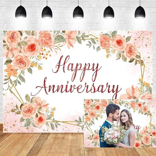 Leyiyi 8x6ft Happy Anniversary Backdrop Watercolor Pink Floral Rose Green Leaves Gold Dots Glitter Photography Background Cheers to Wedding Anniversary Bridal Shower Party Decorations Photo Props