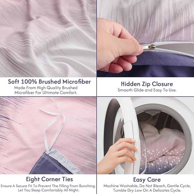 LONAVA King Patchwork 3 Pcs Duvet Cover Set, Breathable Soft Microfiber Purple Lining Comforter Cover with Zipper Closure, and 2 Anti-Pilling, Fade Resistant Pillowcases, Purple Blossom