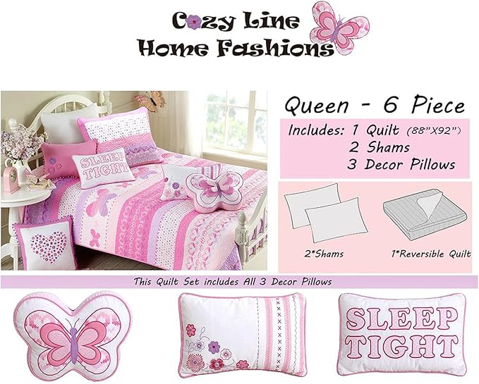 Cozy Line Home Fashions Cute Pink Butterfly Stripe Hearts 100% Cotton Soft Bedding Quilt Set, Coverlet, Bedspread (Queen - 6 Piece)
