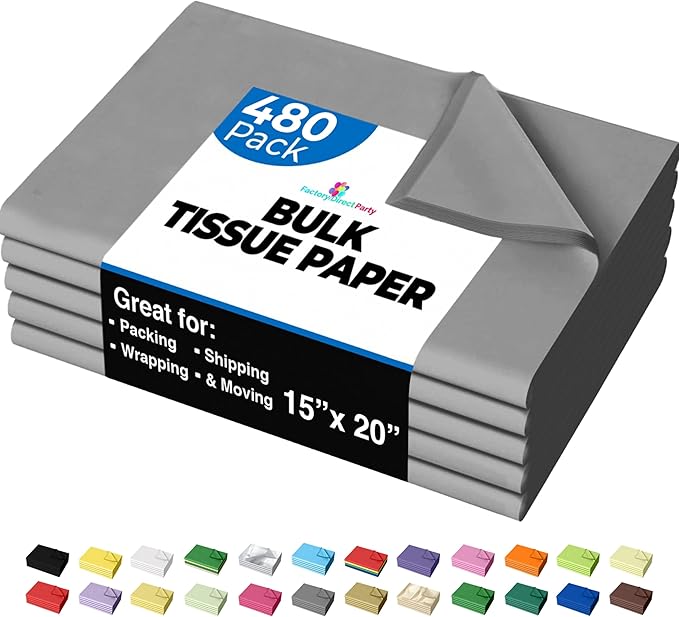 Party Solids Gray Tissue Paper for Gift Bags - 15" X 20" Bulk Tissue Paper Gray 480 Sheets - 10lb Newsprint for Packing, Birthday Gift Box Filler, Packing Supplies for Moving Supplies