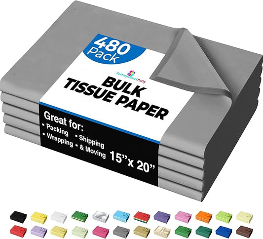 Party Solids Gray Tissue Paper for Gift Bags - 15" X 20" Bulk Tissue Paper Gray 480 Sheets - 10lb Newsprint for Packing, Birthday Gift Box Filler, Packing Supplies for Moving Supplies