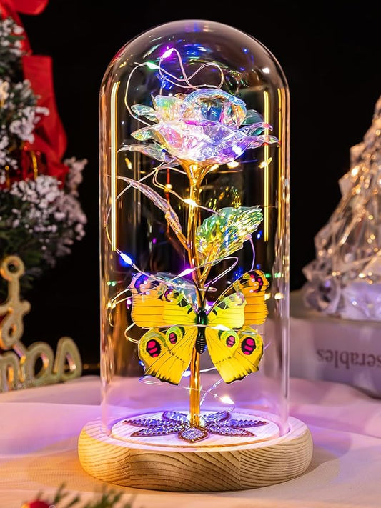 Beferr Christmas Rose Gifts for Women Mom Birthday Gifts, Galaxy Glass Rose Forever Preserved Flowers for Delivery Prime Light Up Rose in Glass Dome with Butterfly Xmas Gifts for Grandma Her Wife