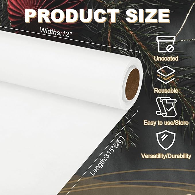 PATIKIL Wrapping Paper, 12"x315"(26') Bulletin Board Paper Roll Kraft Paper Roll Construction 80GSM for Shipping Packing Gift Wrapping Craft Flower Bouquet Christmas, White