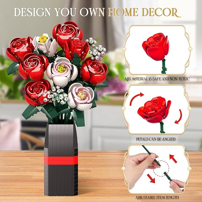 Roses Flower Bouquet Building Kit for Adults, Kids, 841PCS DIY Flowers Bouquet Building Set with Vase, Roses Artificial Flowers Building Set, Gifts Ideas for Anniversaries, Birthday, Wedding