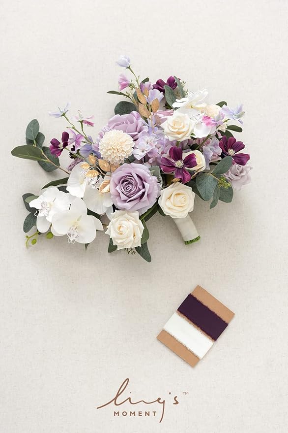 Ling's moment Purple Bridal Bouquet, 15 Inch Lilac Wedding Bouquets for Bride, Silk Free Form Bridal Bouquets for Wedding, Ceremony, Anniversary, etc.
