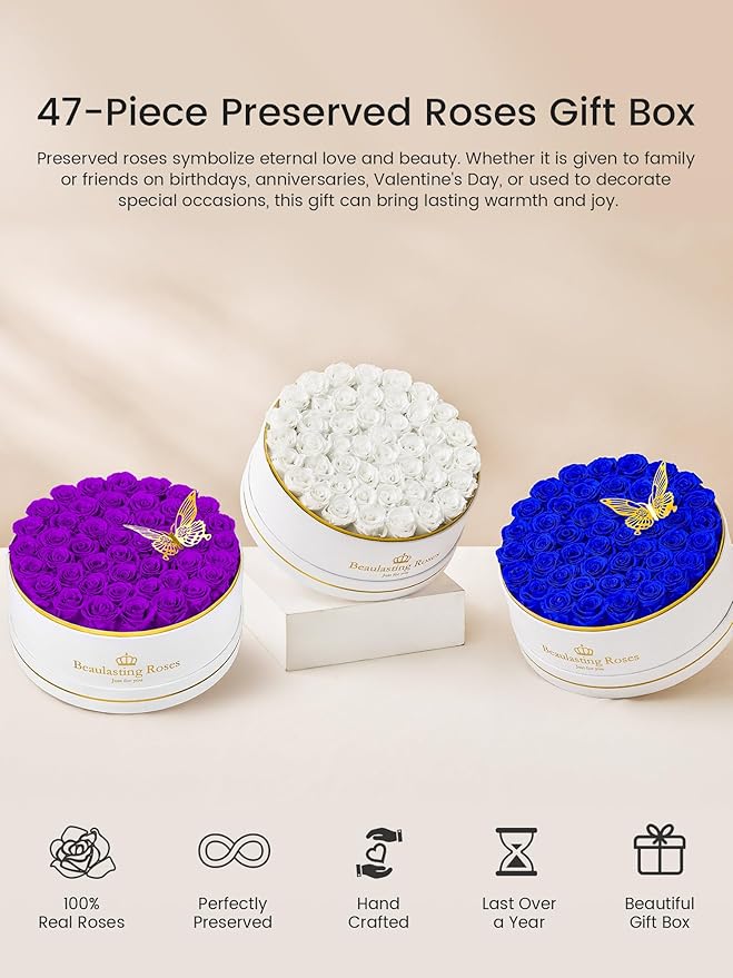 Preserved Roses Forever Flowers Real Roses in a Box Mother's Day Birthday Flowers for Her Mom Women Wife Valentine's Day, 47 Purple Roses