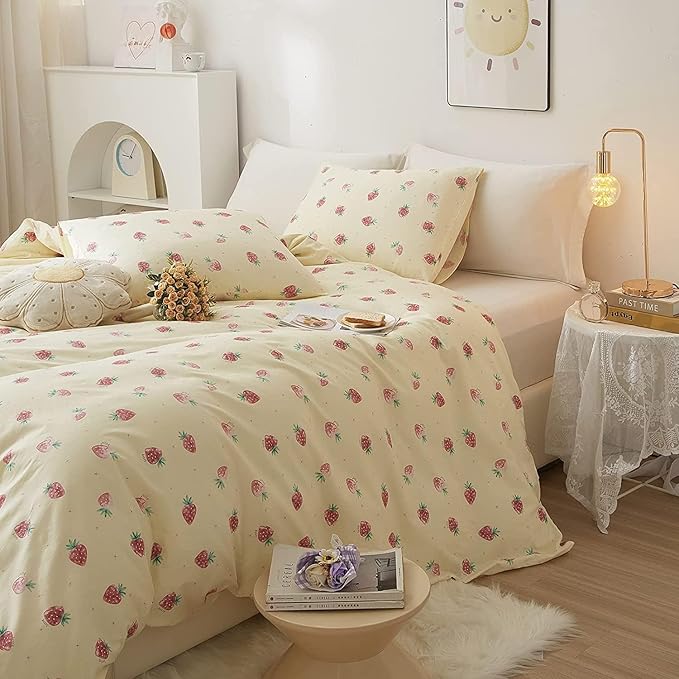 LifeTB Cute Strawberry Duvet Cover Twin XL Soft Cotton Kawaii Bedding Sets Kids Girls Bedroom Decor Fresh Small Comforter Cover 3 Piece Bed Set Twin XL Duvet Cover 2 Pillowcases