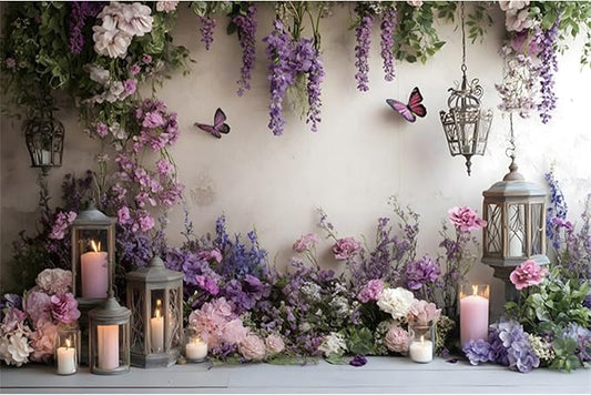YongFoto Elegant Flower Wall Backdrop 8x6.5ft Floral Butterfly Candle Photography Background Baby Bridal Shower Wedding Girl Birthday Party Banner Room Decor Portrait Photoshoot Wallpaper Photo Booth