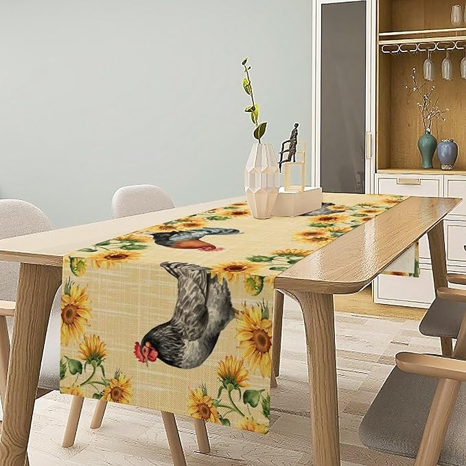 Rooster Sunflower Table Runner Vintage Farm Chicken Flower Dinner Runner for Country Farmhouse Home Kitchen Dinner Table Party Decoration 13x90in