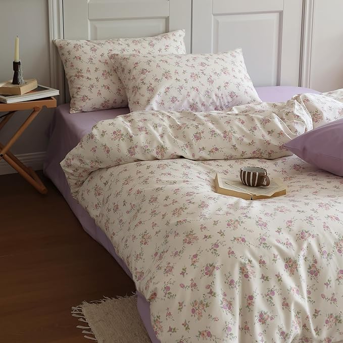 EAVD Botanical Floral Duvet Cover Twin Soft Cotton Chic Shabby Garden Pink Purple Floral Bedding Set with 2 Pillowcases Reversible Vintage Floral Comforter Cover with Zipper Closure