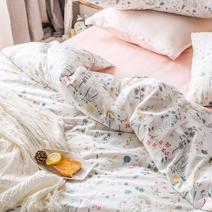 HighBuy Floral Duvet Cover Queen 100% Cotton Bedding Set Queen Girls Boys Cottagecore Bedding 3 Piece Comforter Cover Ultra Soft Garden Floral Quilt Cover with Zipper Closure