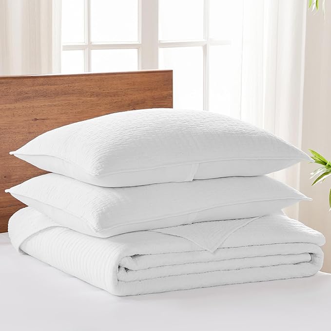Levtex Home Cross Stitch Reversible Queen Bedspread Set (104x106in) with 2 Pillow Shams (26x20in) - Stitch Texture - Bright White - Cotton Queen Size Bedspread Set - Lightweight, Soft, Pre-Washed