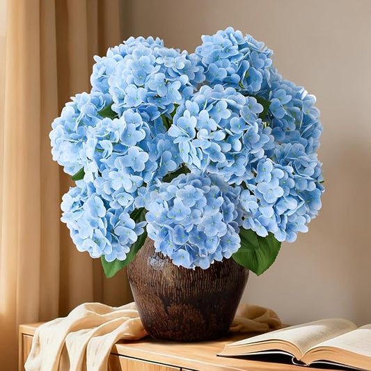 A Bunch 21in， Real Touch Hydrangea Artificial Flowers， with 10pcs Flower Head 20pcs Leaves， Faux Hydrangea Flowers for Home Office Decor Wedding Party Arrangements (2, Blue)