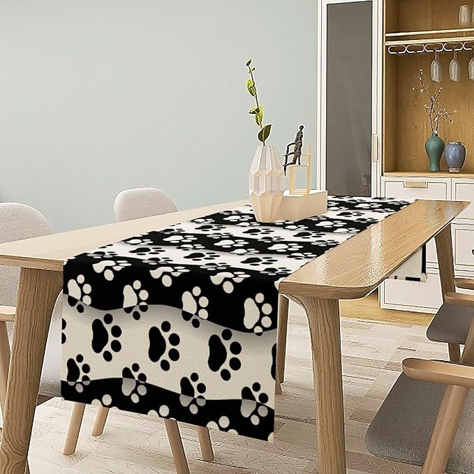 Dog Paw Table Runner,Kid Cute Animal Footprint Black White Theme Design Print Tablecloth Burlap for Hotel Indoors Outdoor Dining Room Kitchen Home Decor,W13X L60 in