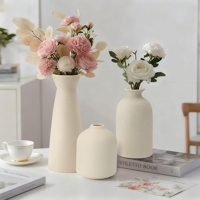 Christmas Ceramic Flower Vases Set of 3, Large Xmas Gift Vases with Vertical Stripe Texture, Modern Decorative Vases for Dried Flowers, Home Decor for Living Room Bedroom Kitchen Shelf(Beige)
