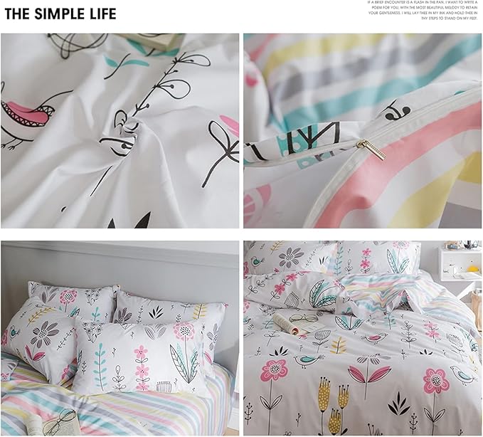 Floral Girls Duvet Cover Twin Boho Floral Bird Print Bedding Sets Garden Style Cotton Comforter Cover Reversible Striped Bedding Sets Kids Teens Bedroom Comforter Cover Aesthetic Duvet Cover Set