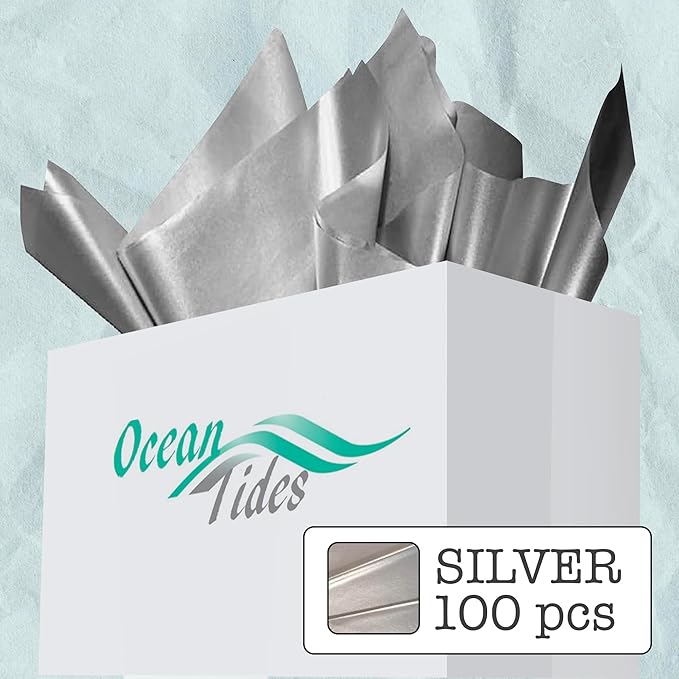 Ocean Tides 100 Sheets (14 x 20 Inches) Christmas Wrapping Paper – Gift Wrapping Tissue Paper Bulk for Crafts, Birthdays, & Holidays – Colored Tissue Papers for Gift Bags & Decorations, Silver