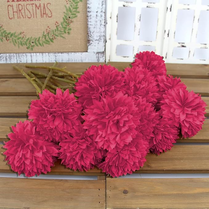 Tinsow 12Pcs Artificial Chrysanthemum Flowers Faux Bright Red Ball Flowers Burgundy Fall for Christmas Autumn Farmhouse Home Decoration (12,Bright Red)