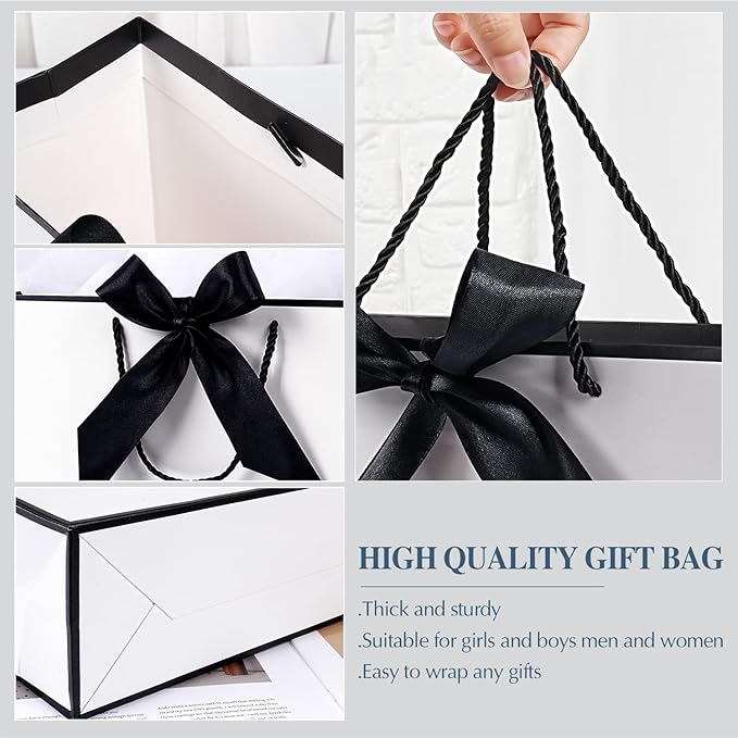 White Gift Bags 13 x 10 x 4’’, Portable Gift Bag Set with Tissue Paper and Greeting Cards, 2 PCS Gift Bags with Handles Ribbon for Women Men, Paper Present Bags for Birthday Party Wedding Christmas