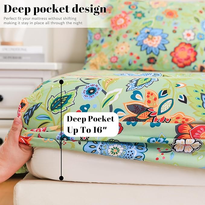 Bedlifes California King Sheet Set Ultra Soft, Breathable, Silky Flower Deep Pocket 100% Microfiber Bedding, 4 Piece Cal King Size with Floral Sage Green